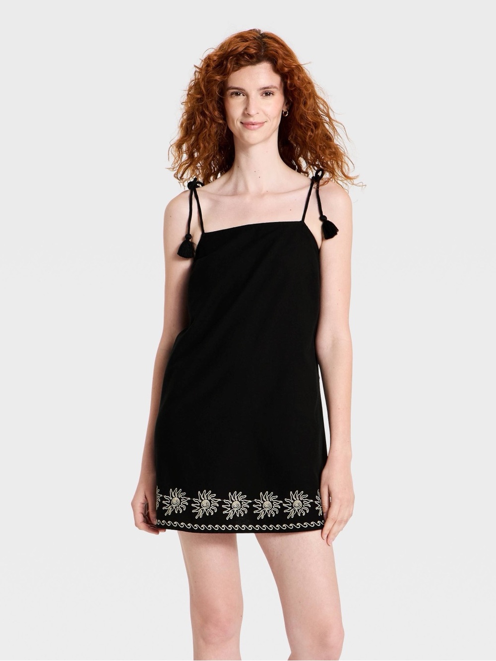 Universal Thread Black Embroidered Tie-Shoulder Mini Dress